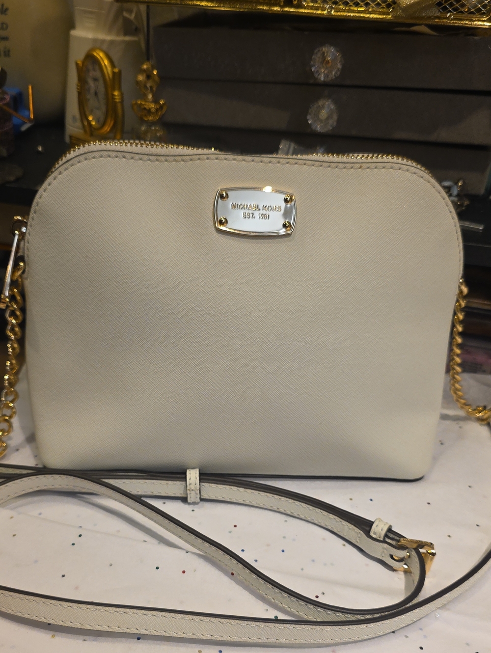 MICHAEL Michael Kors Cream Saffiano Dome Crossbody with Gold Hardware